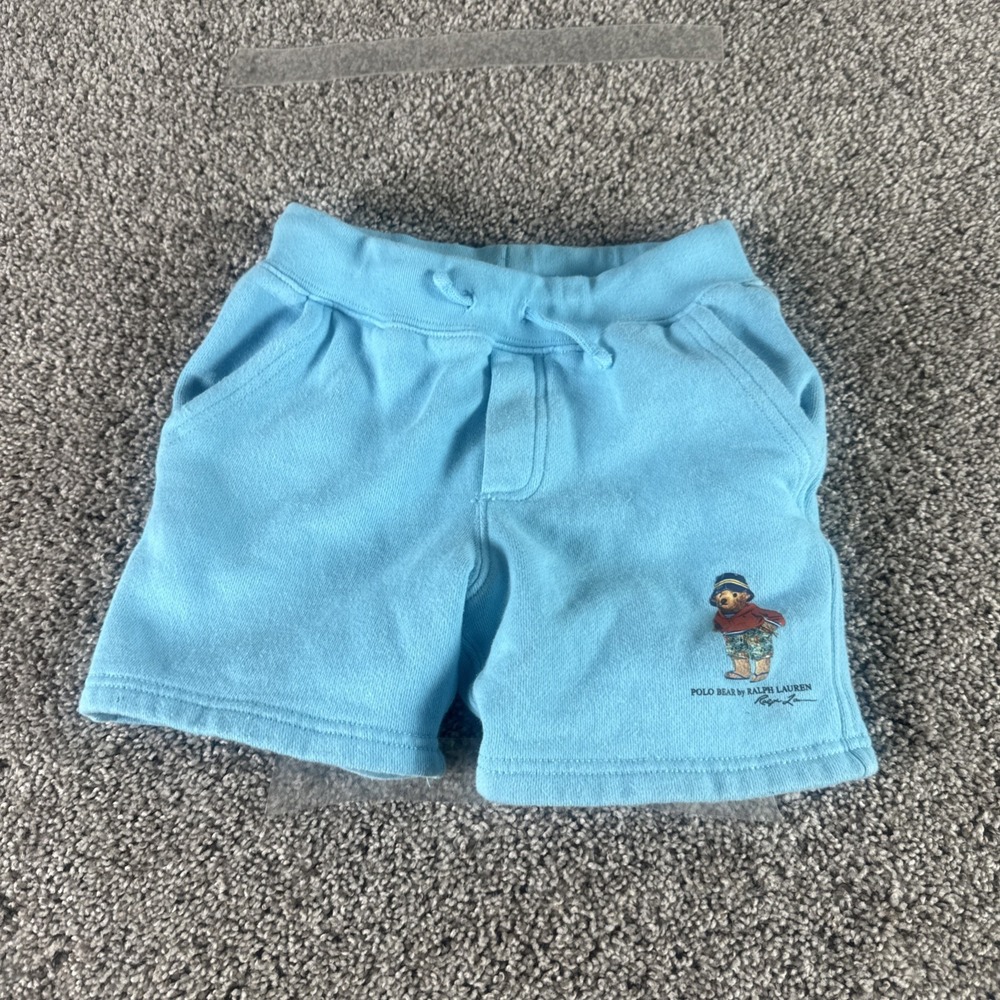 NWT Polo Ralph Lauren Boys Shorts Aqua Blue Size 6 Polo Bear Graphic Drawstring